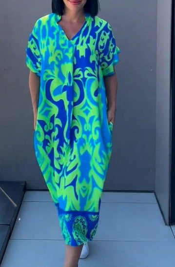 New Women's Short Sleeved Popular V-neck Simple And Fashionable Printed Casual Dress Loose Dress