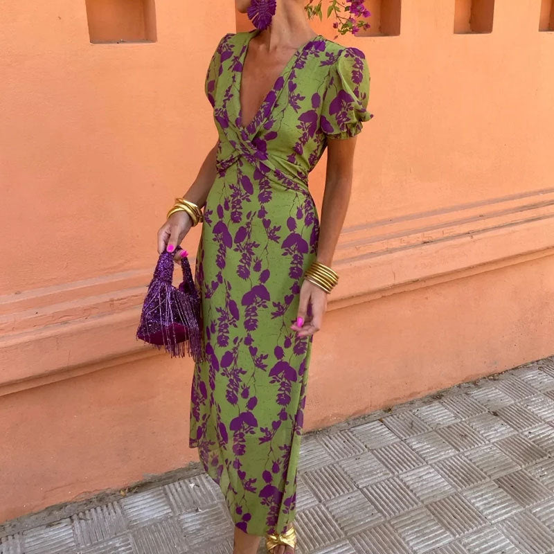 Elegant Floral Wrap Midi Dress – V-Neck Summer Style – Feminine & Flattering – Various Colours