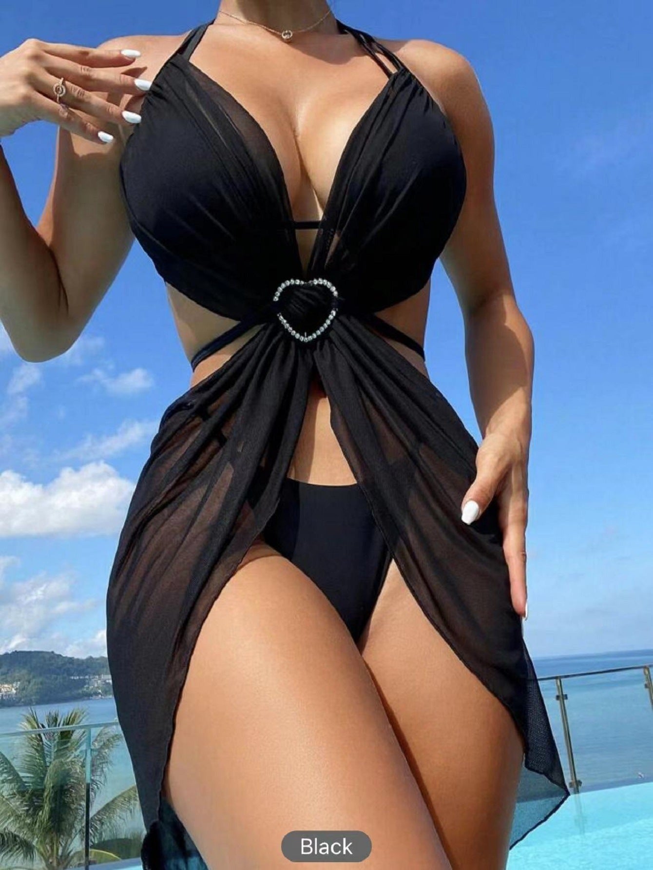 🖤 Three Piece-Glam Heart Sheer Cover-Up Swimsuit Set – Various Colours 💙💖