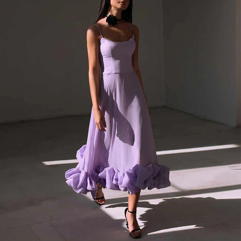 Elegant Ruffle Hem Midi Dress with Spaghetti Straps – Various Colours