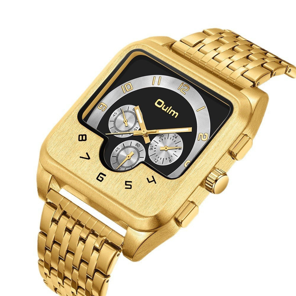 Men’s Luxury Square Dial Quartz Watch – Gold Stainless Steel Chronograph Wristwatch | Bold Modern Design
