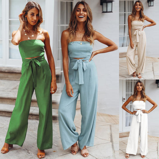 Strapless Wide-Leg Jumpsuit with Waist Tie – Various Colours | Summer Linen-Look Two-Piece Outfit