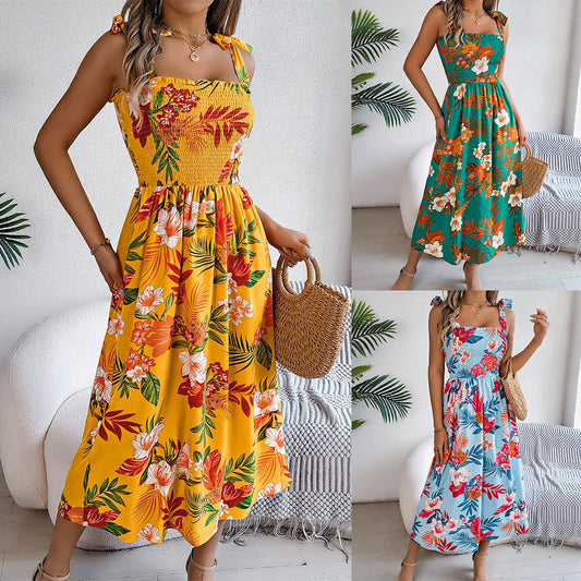 Floral Smocked Midi Sundress with Tie Straps – Tropical Summer Dress in Various Colours