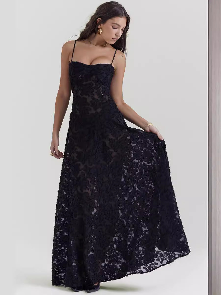 Women’s Elegant Butterfly Lace Maxi Dress – Sleeveless Spaghetti Strap Long Dress – Summer Beach Evening Party Dress – Various Colours