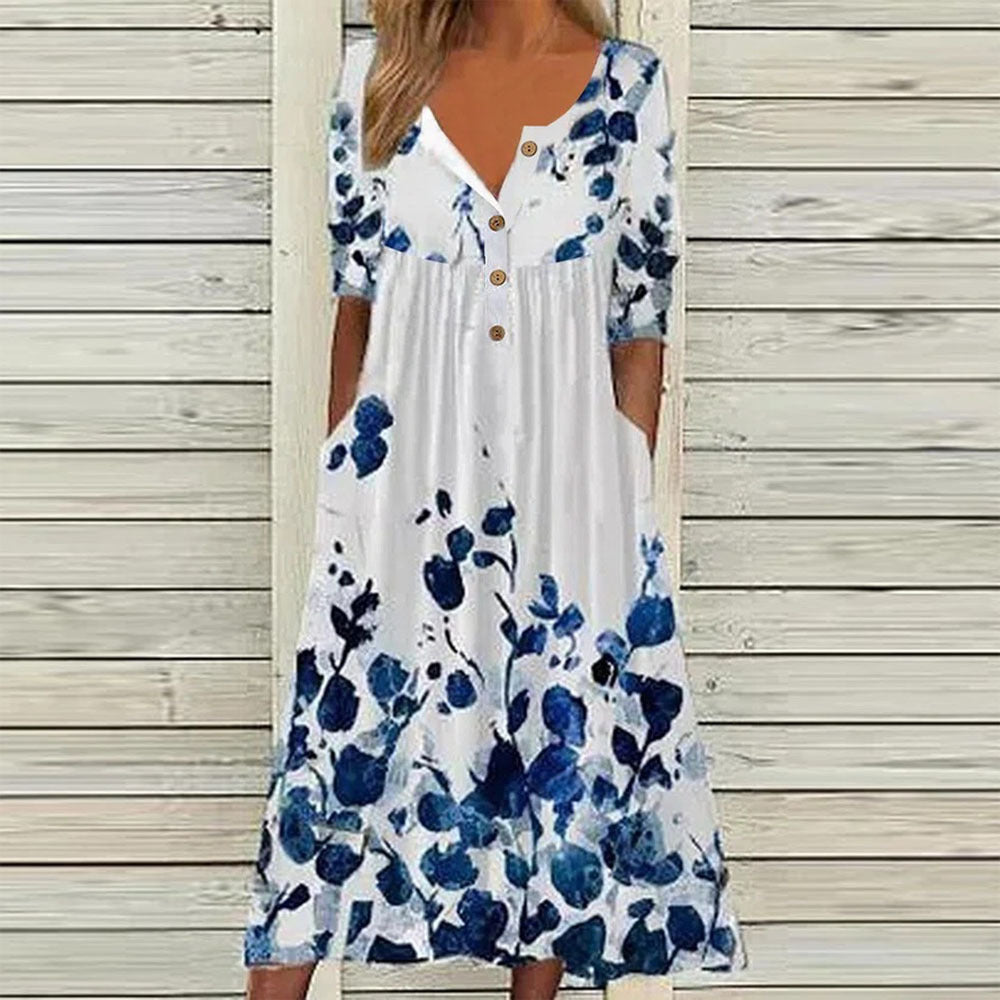 Casual Button-Front Floral Midi Dress – Relaxed Fit with Pockets in Various Designs