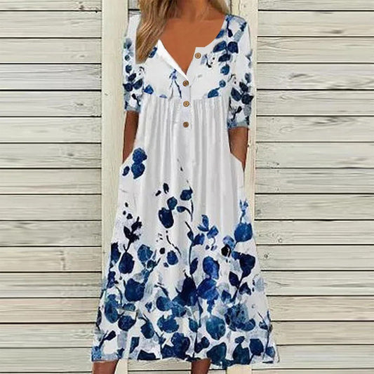 Casual Button-Front Floral Midi Dress – Relaxed Fit with Pockets in Various Designs