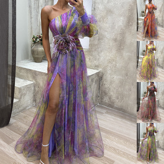 Luxury One-Shoulder Sheer Tulle Gown – Feather Waist Detail – Elegant High Slit Maxi Dress – Festival, Prom, Gala – Various Colours