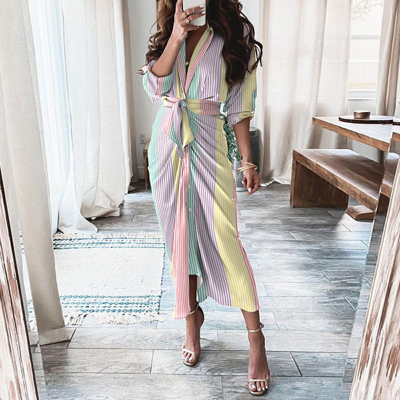 Elegant Knot Waist Shirt Dress – Button Front, Midi Length – Versatile Styles – Various Colours