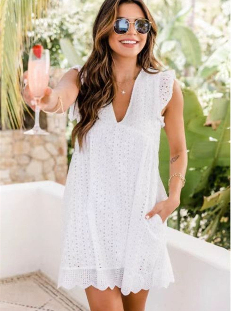 Elegant Eyelet Lace V-Neck Summer Dress – Lightweight, Flowy, and Available in Various Colours