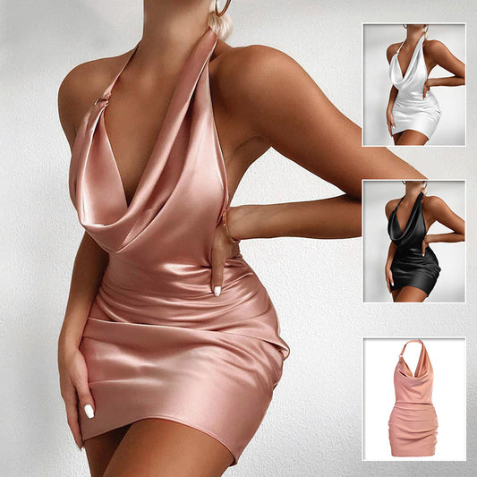 Satin Halter Neck Backless Mini Dress – Elegant Cowl Neck Party Dress | TrendPrints