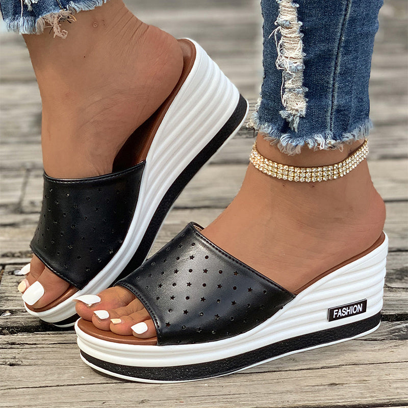 Star-Perforated Platform Slide Sandals – Comfy Summer Wedges in Black or White