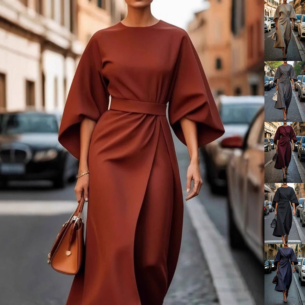 Elegant Kimono Sleeve Belted Midi Dress – Sophisticated Style – Various Colours