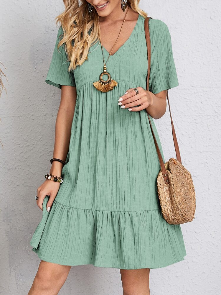 Women’s Casual Summer Boho Loose Tunic Dress – Short Sleeve V-Neck Ruffle Hem – Various Colours