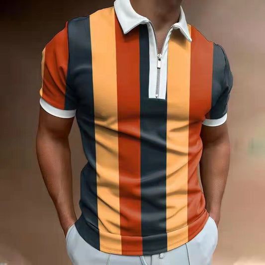 Men’s Retro Vertical Stripe Polo Shirt with Zip Neck – Various Designs