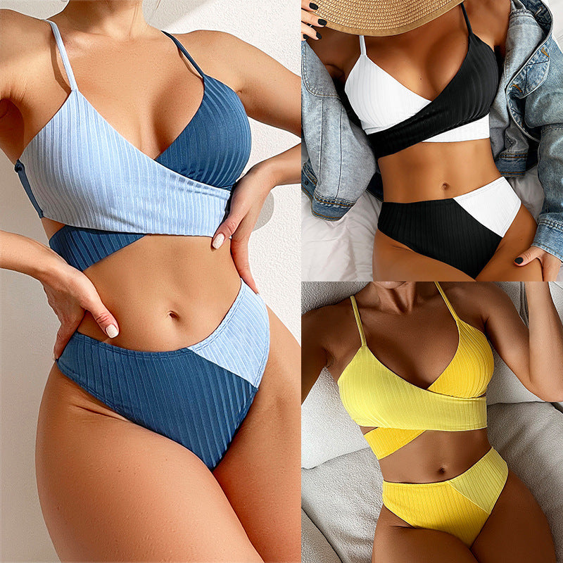 Women's High-Waisted Colourblock Bikini Set – Trendy Two-Tone Swimwear in Various Colours