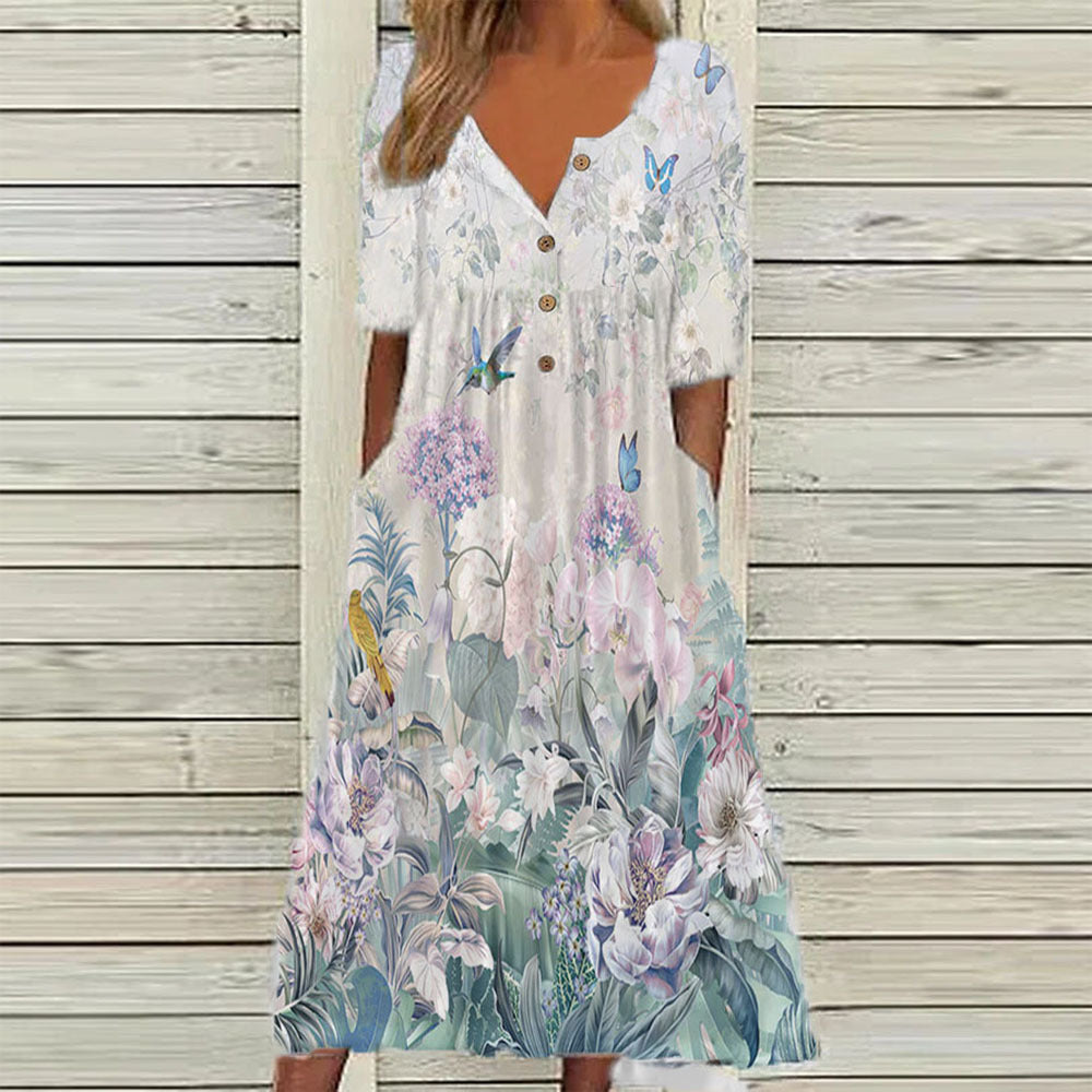 Casual Button-Front Floral Midi Dress – Relaxed Fit with Pockets in Various Designs