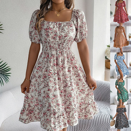 Women’s Floral Puff Sleeve Dress – Elegant Square Neck Summer Dress with Smocked Waist (Various Colours)