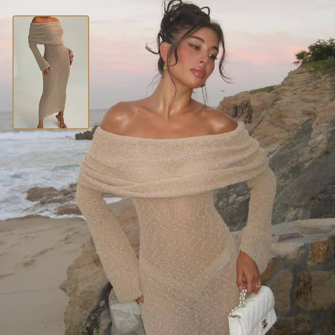 ✨ Off-Shoulder Knitted Bodycon Midi Dress – Elegant Evening & Party Dress – Soft Stretchy Knit – Available in Various Colours