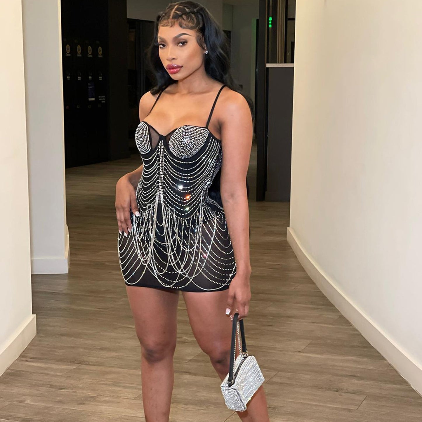 Crystal Rhinestone Mesh Corset Mini Dress – Nude | Bodycon Sparkle Party Dress with Cups