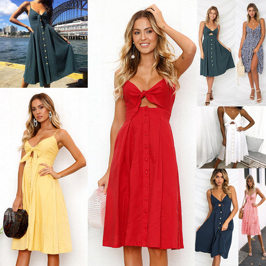 Tie Front Button-Down Midi Sundress – Strappy Summer Dress in Various Colours