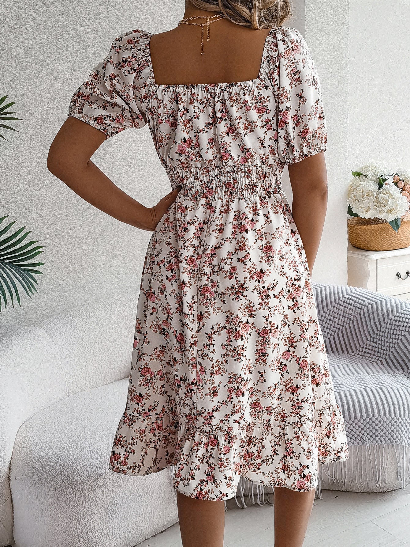 Women’s Floral Puff Sleeve Dress – Elegant Square Neck Summer Dress with Smocked Waist (Various Colours)