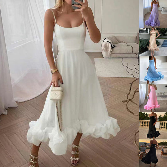 Elegant Ruffle Hem Midi Dress with Spaghetti Straps – Various Colours