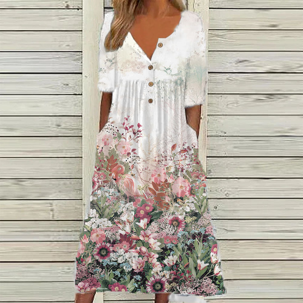 Casual Button-Front Floral Midi Dress – Relaxed Fit with Pockets in Various Designs