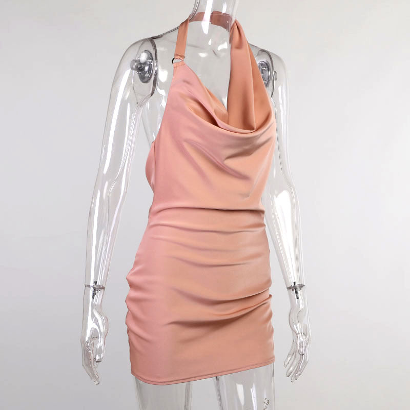 Satin Halter Neck Backless Mini Dress – Elegant Cowl Neck Party Dress | TrendPrints