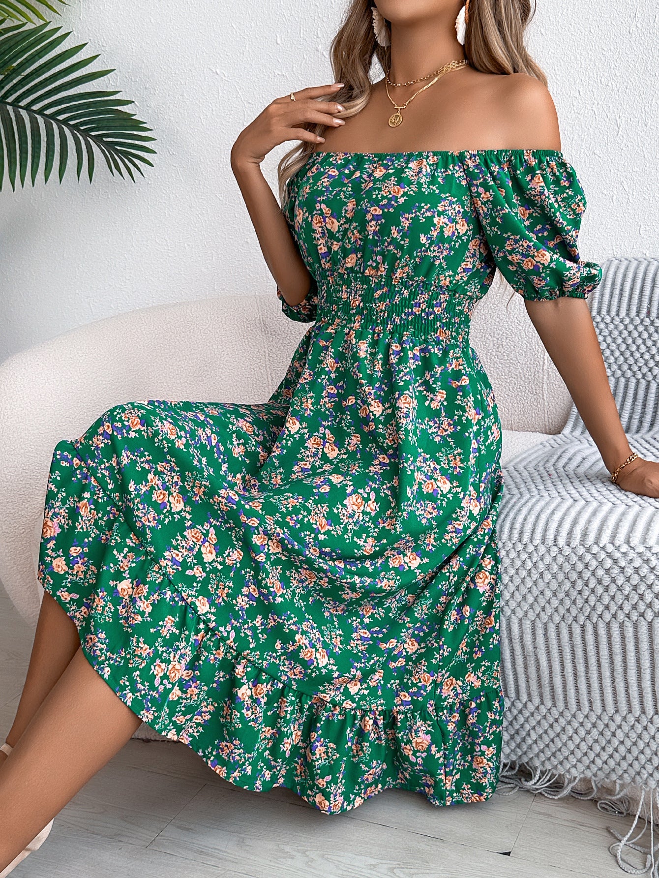 Women’s Floral Puff Sleeve Dress – Elegant Square Neck Summer Dress with Smocked Waist (Various Colours)