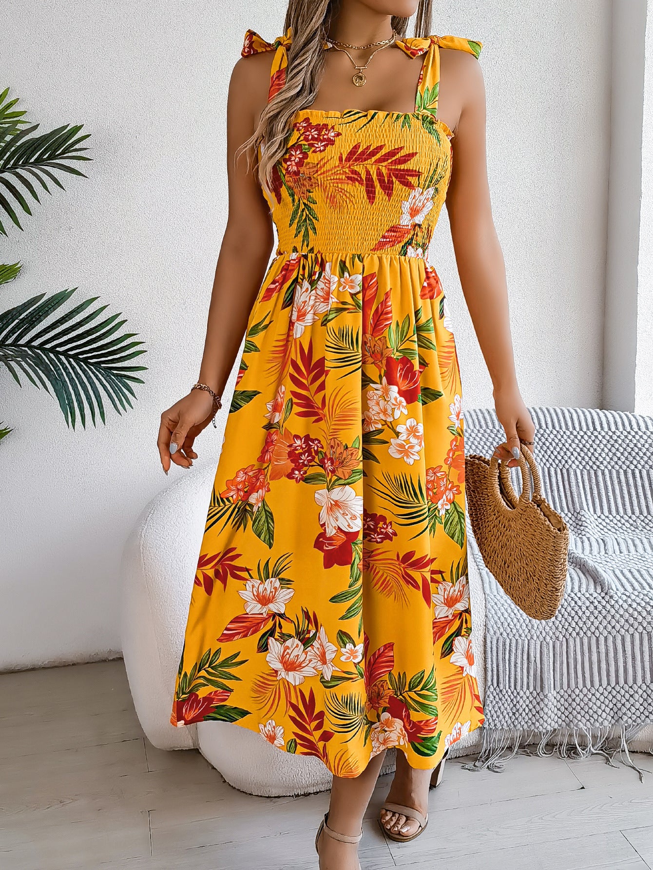 Floral Smocked Midi Sundress with Tie Straps – Tropical Summer Dress in Various Colours