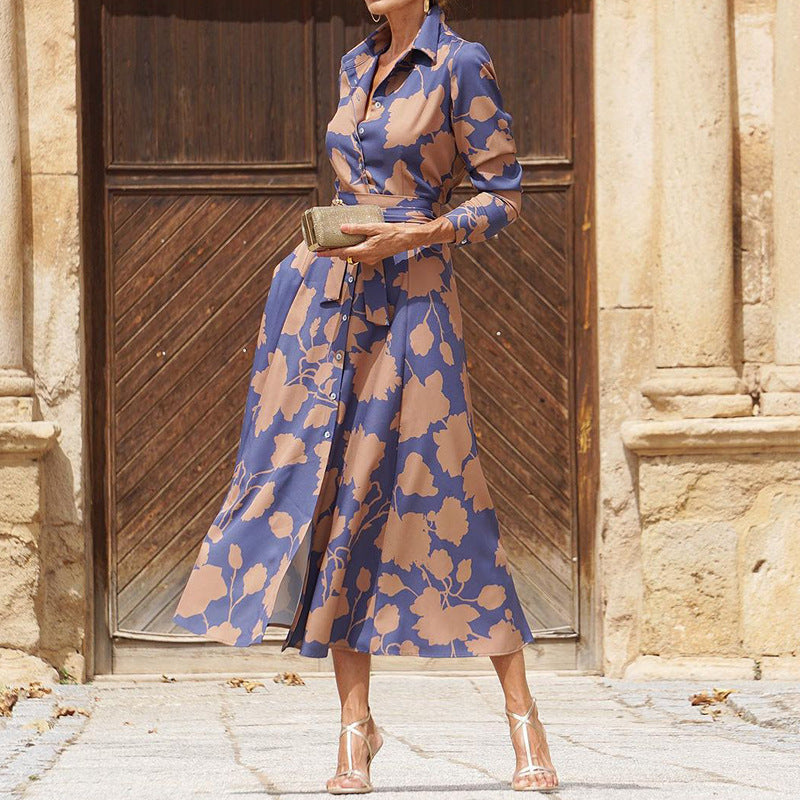 Women’s Elegant Shirt Collar Floral Maxi Dress – Long Sleeve Button Front Dress