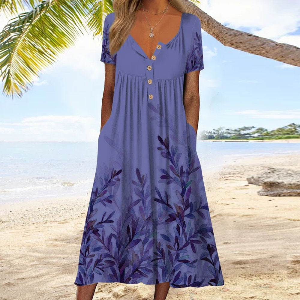 Casual Button-Front Floral Midi Dress – Relaxed Fit with Pockets in Various Designs