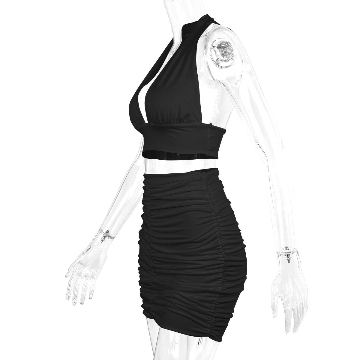 Sexy Halter Neck 2 Piece Mini Skirt Set – Ruched Bodycon Crop Top & Skirt Co-ord Outfit – Summer Party Set – Various Colours