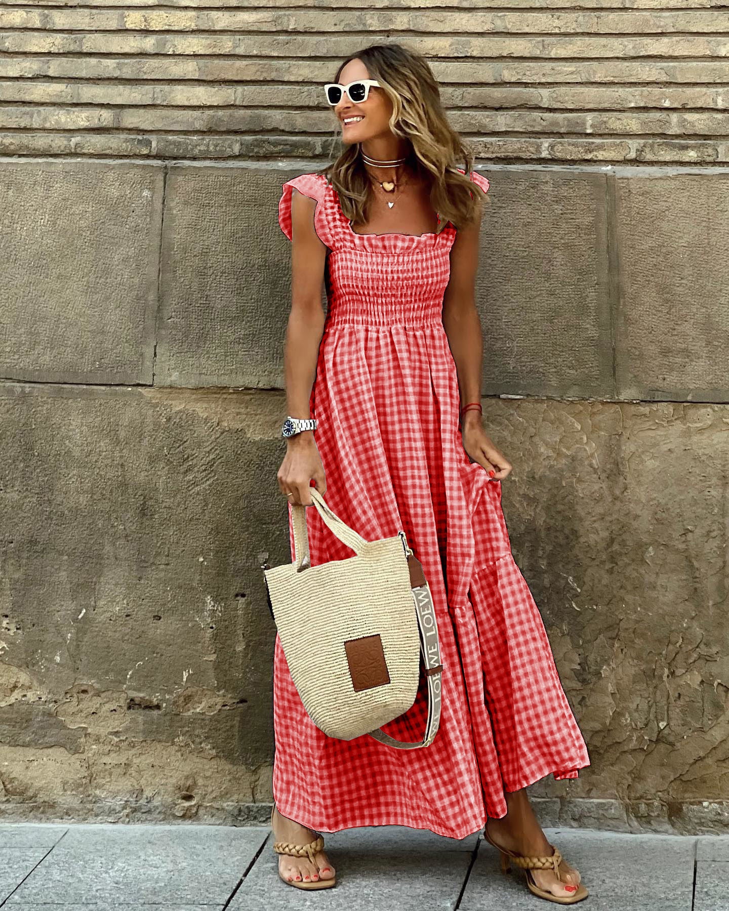 Gingham Shirred Maxi Dress with Ruffle Sleeves – Lightweight Summer Style in Various Colours