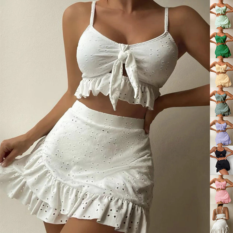 Women’s 3-Piece Summer Co-ord Set – Tie Front Crop Top, Ruffle Skirt & Cover-Up | Various Colours