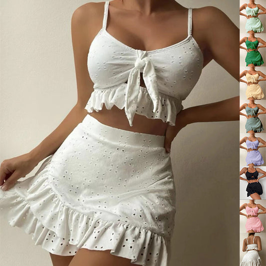 Women’s 3-Piece Summer Co-ord Set – Tie Front Crop Top, Ruffle Skirt & Cover-Up | Various Colours