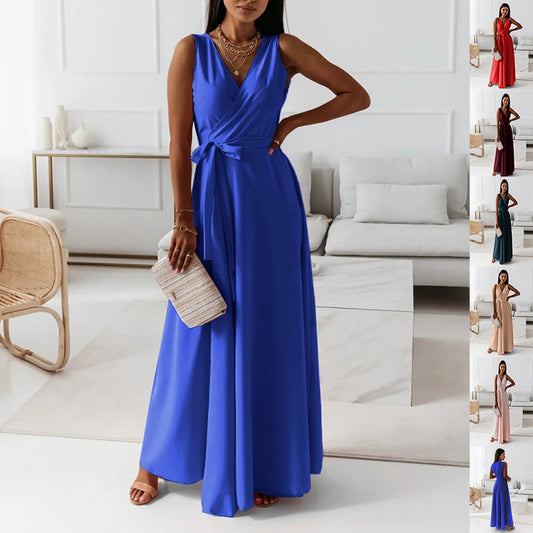 🌟 Elegant Sleeveless Wrap Maxi Dress with Belt – Evening, Wedding Guest & Party Dress – Flowy & Comfortable – Available in Various Colours
