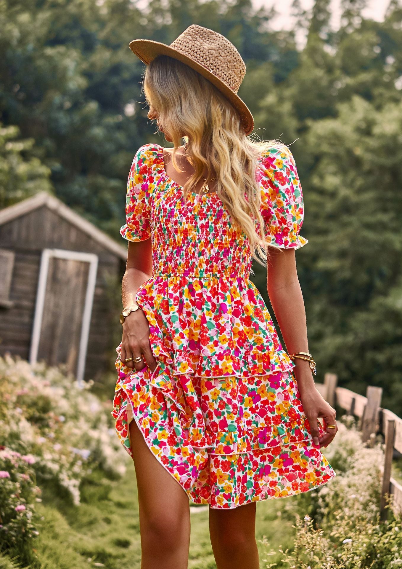 Smocked Off-Shoulder Floral Tiered Mini Dress – Various Colours | Puff Sleeve Summer Picnic Dress