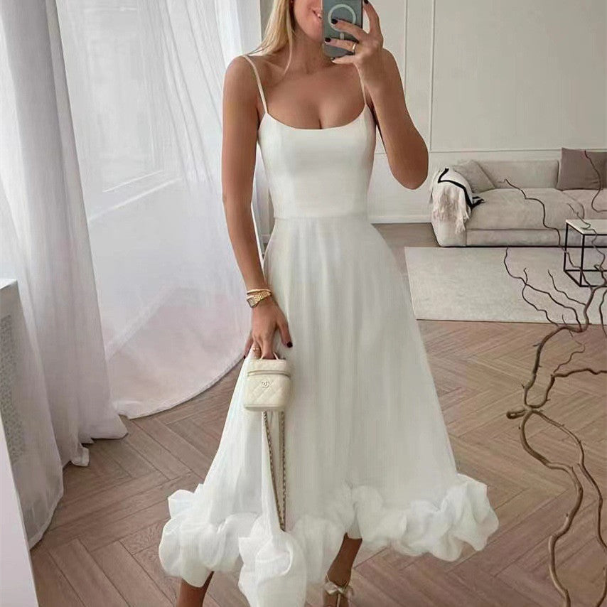 Elegant Ruffle Hem Midi Dress with Spaghetti Straps – Various Colours