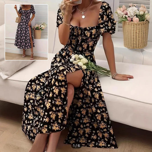 🌼 Floral Puff Sleeve Split Maxi Dress – Romantic Boho Vibes in Various Colours