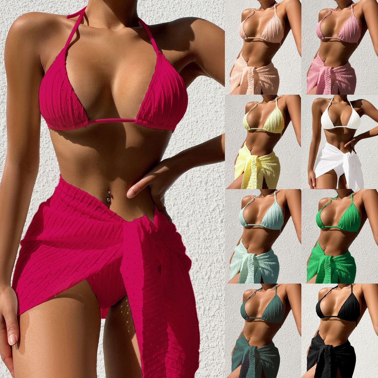 🔥 3 Piece Bikini Set with Matching Sarong Wrap – Summer Beach Swimwear – Various Colours S-XL 🌴