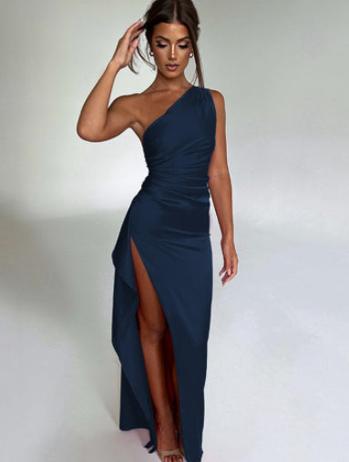 Women’s One Shoulder Satin Evening Dress – Elegant High Slit Maxi Dress – Party, Cocktail, Formal & Wedding Guest Gown – Various Colours