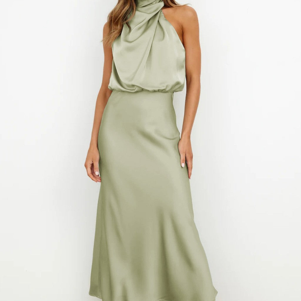 Women’s Elegant Satin High Neck Halter Evening Dress – Sleeveless Midi Dress – Party, Cocktail & Formal Wear – Various Colours