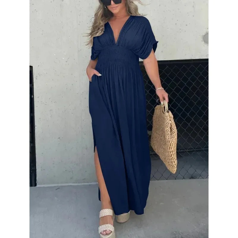Boho V-Neck Maxi Dress with Pockets – Summer Flowy Style in Various Colours