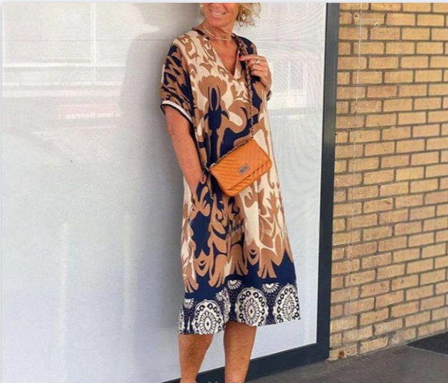 New Women's Short Sleeved Popular V-neck Simple And Fashionable Printed Casual Dress Loose Dress