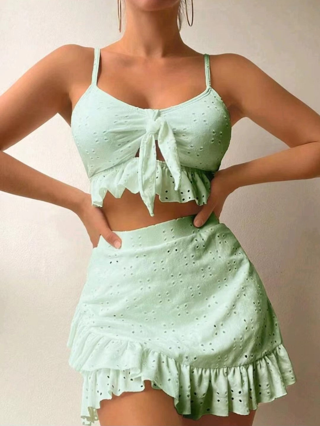 Women’s 3-Piece Summer Co-ord Set – Tie Front Crop Top, Ruffle Skirt & Cover-Up | Various Colours