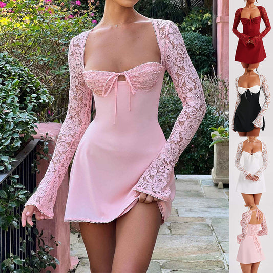 💖 Women’s Lace Sleeve Mini Dress - Elegant Bodycon Party Dress - Available in Various Colours