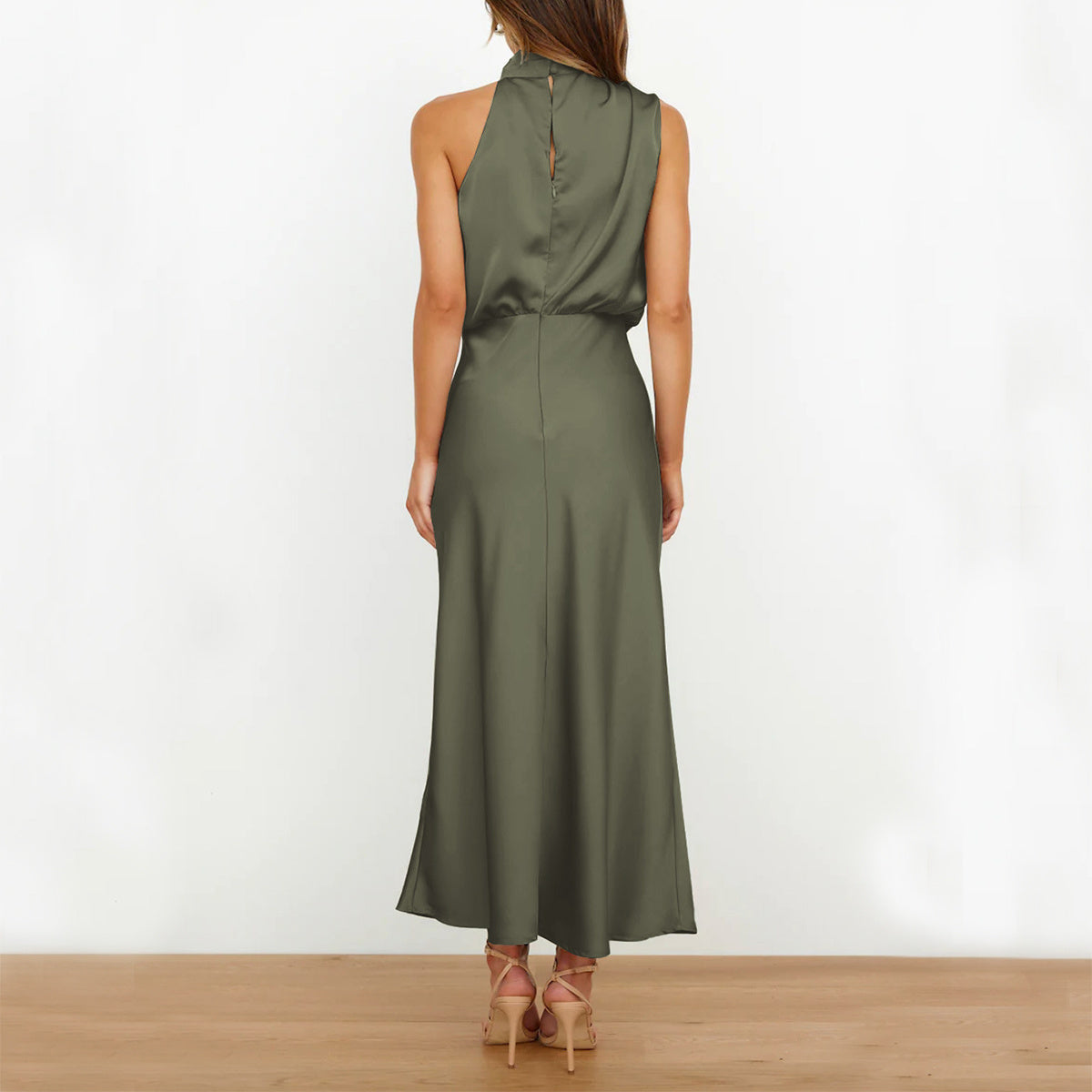 Women’s Elegant Satin High Neck Halter Evening Dress – Sleeveless Midi Dress – Party, Cocktail & Formal Wear – Various Colours