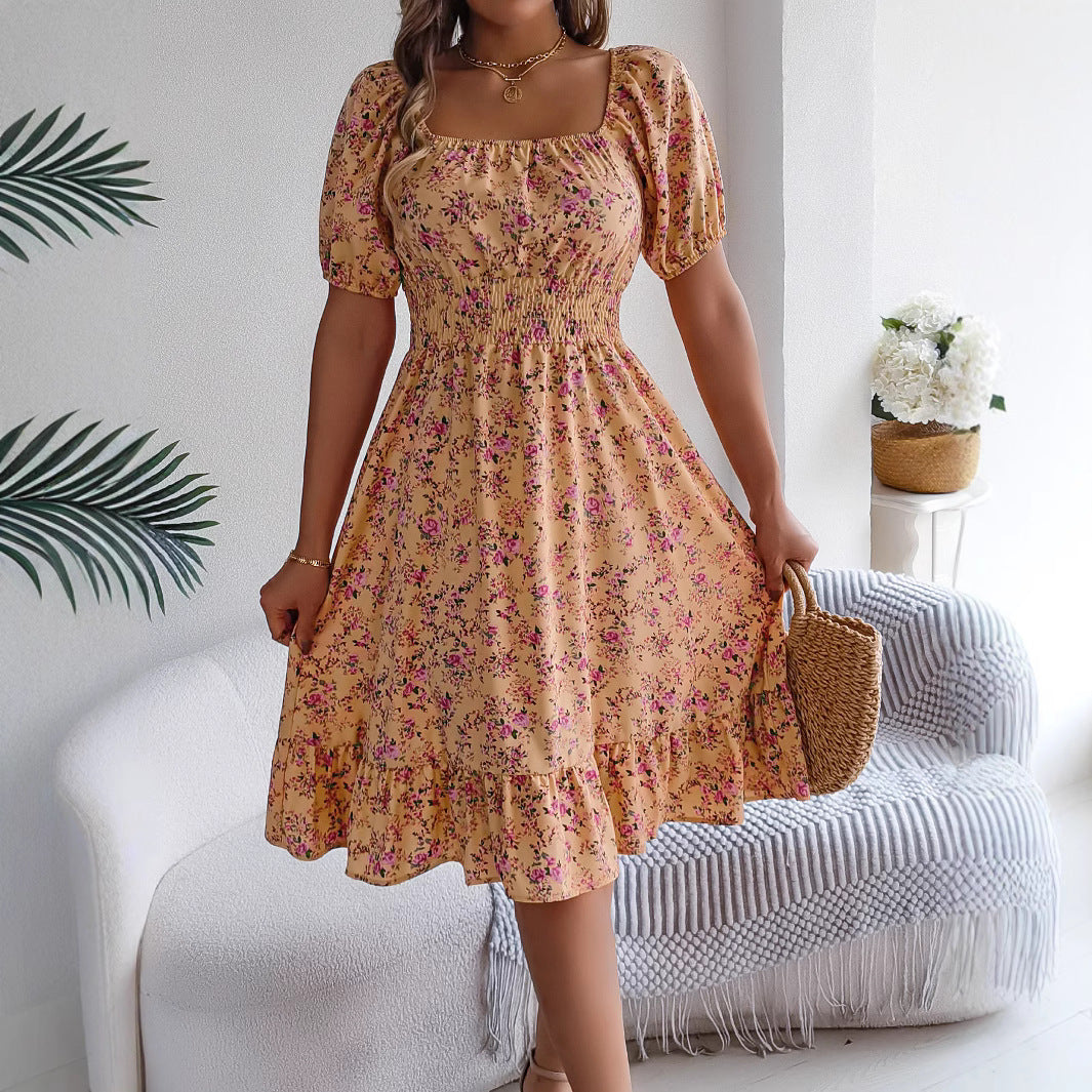 Women’s Floral Puff Sleeve Dress – Elegant Square Neck Summer Dress with Smocked Waist (Various Colours)