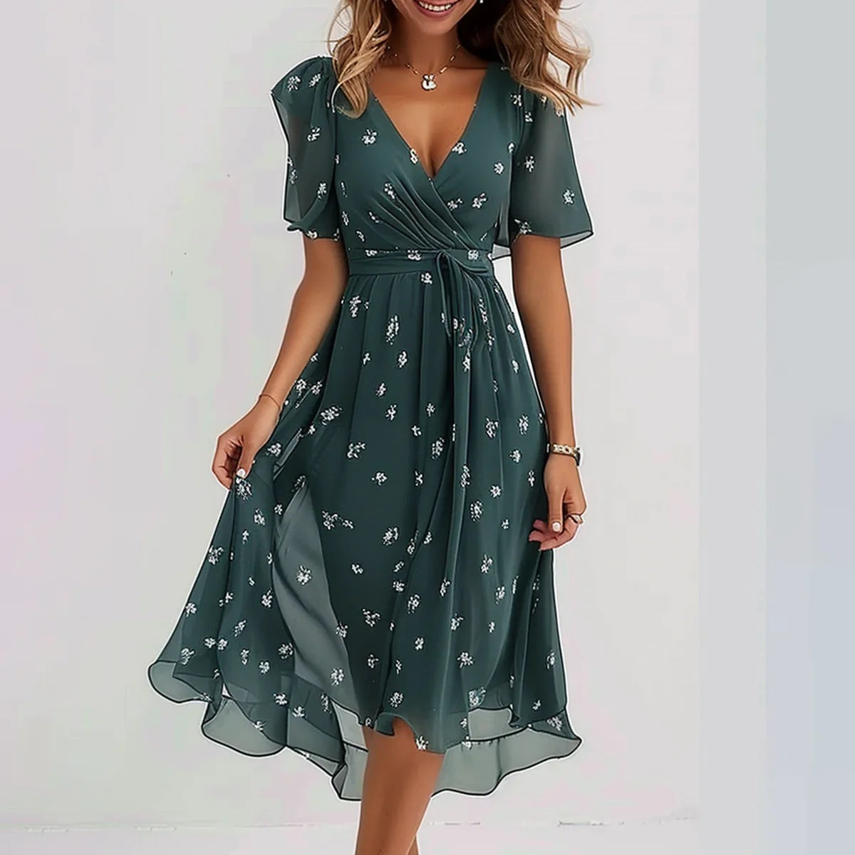 Chiffon Wrap Midi Dress with Flutter Sleeves – Available in Various Colours
